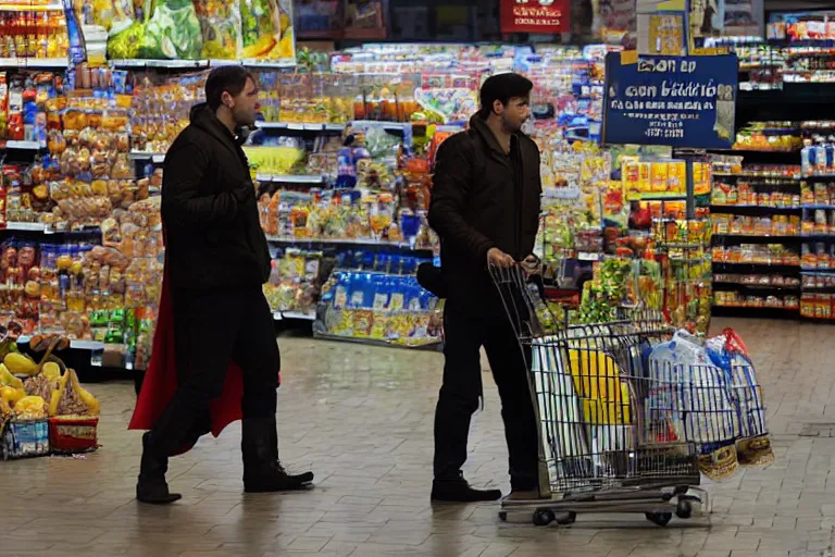 Prompt: Cinematography superman buying groceries in Moratalaz by Emmanuel Lubezky