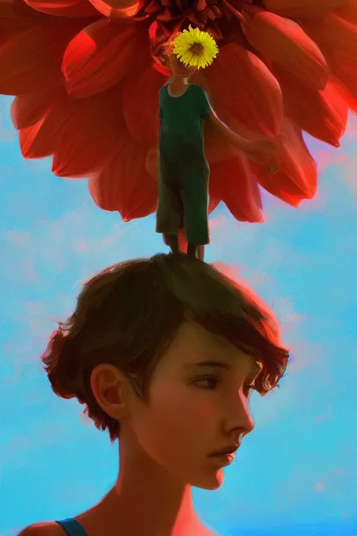 Image similar to closeup girl with huge dahlia flower head, portrait on beach, surreal photography, blue sky, sunrise, dramatic light, impressionist painting, digital painting, artstation, simon stalenhag