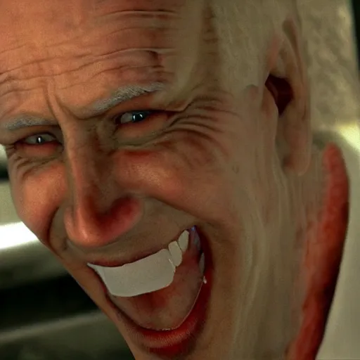 Prompt: silent hill pt with joe biden high detail scary menacing grin evil and large teeth in the fox engine