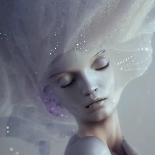 Image similar to abstract female sculpture made of white marble and amethyst crystals quartz, ethereal lights, fine details, artstation. com, film still, cinematic, super model photo shooting, luxury, strong wind blowing, dark mood, sad, cold colors, golden filigree, octane render, lens flare