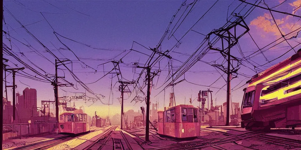 Image similar to post apocalyptic wasteland overhead wires telephone poles neon futuristic cyberpunk vaporwave glow sunset clouds sky streetcar tram subway tunnel illustration by syd mead