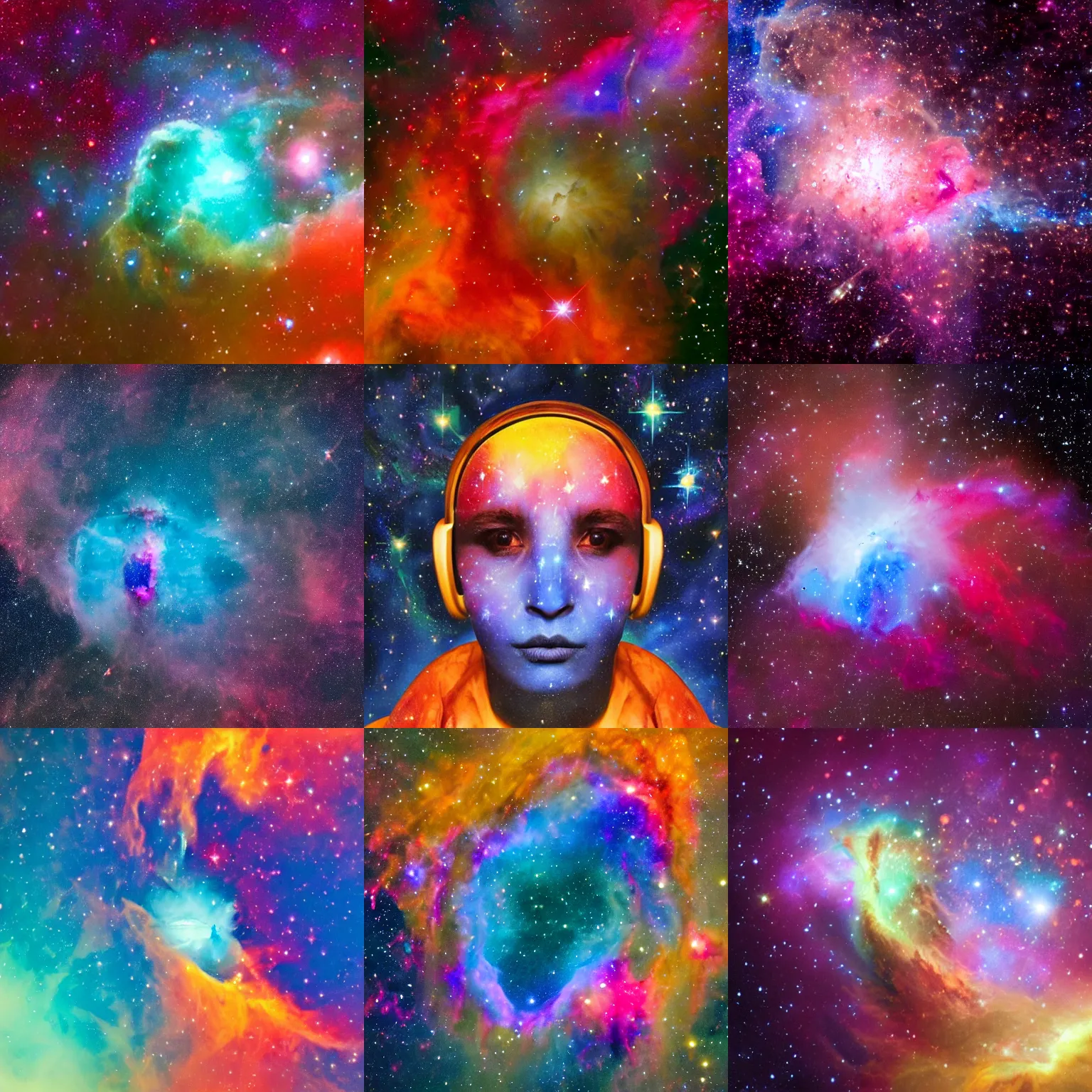 Prompt: man as a nebula, stars as eyes, astrophotography, colorful