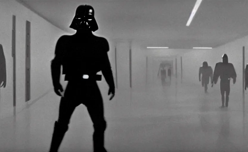 Image similar to screenshot of the ghost of darth vadar from the iconic scene from the lost star wars 1970s thriller film directed by Stanley Kubrick, cinematic lighting, moody cinematography, shot with anamorphic lenses, crisp, detailed, 4k image