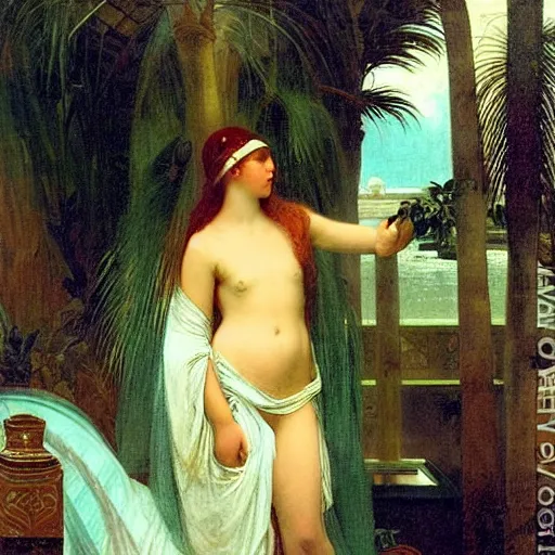 Image similar to Girl with a blood dripping chalice at the palace, thunderstorm, pool, beach and palm trees on the background major arcana sky, by paul delaroche, alphonse mucha and arnold böcklin arnold böcklin hyperrealistic 8k, very detailed