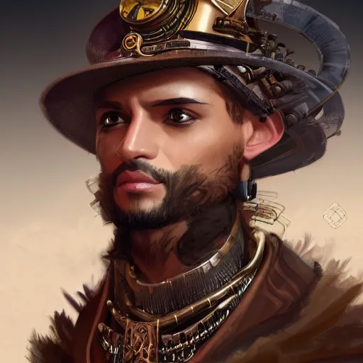 Prompt: Portrait of a steampunk egyptian prince, highly detailed, smooth, sharp focus, artstation, illustration, digital art by WLOP