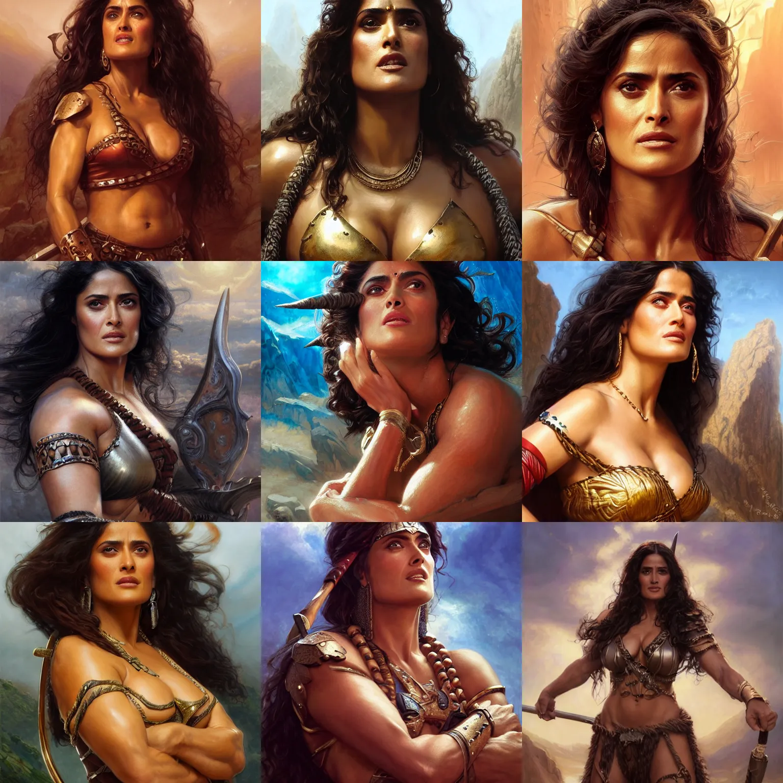 Image similar to a portrait of Salma Hayek as a barbarian, detailed, centered, digital painting, artstation, concept art, donato giancola, Joseph Christian Leyendecker, WLOP, Boris Vallejo, Breathtaking, 8k resolution, extremely detailed, beautiful, establishing shot, artistic, hyperrealistic, beautiful face, octane render