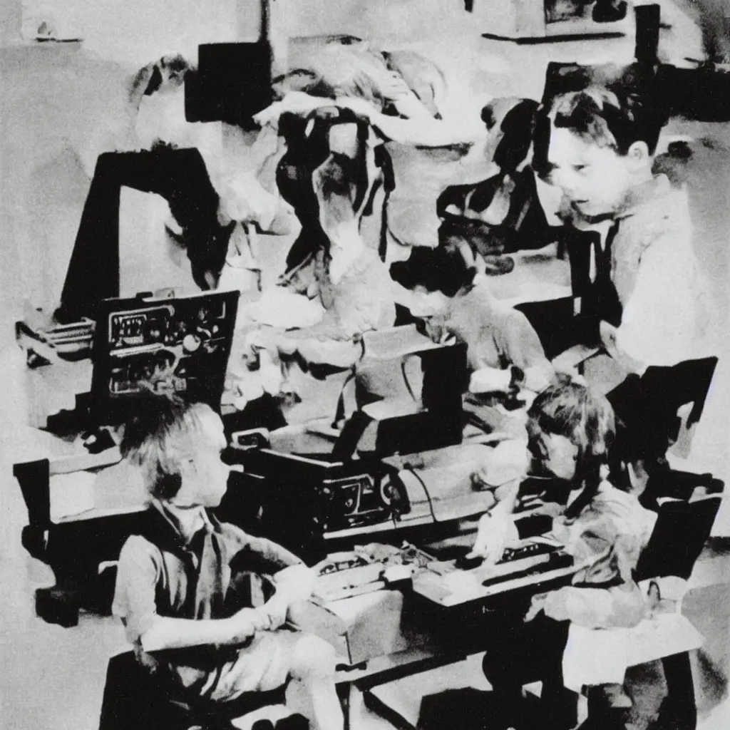 Image similar to A boy and a girl works with commodore 64 in the style of robert doisneau 1930 bauhaus