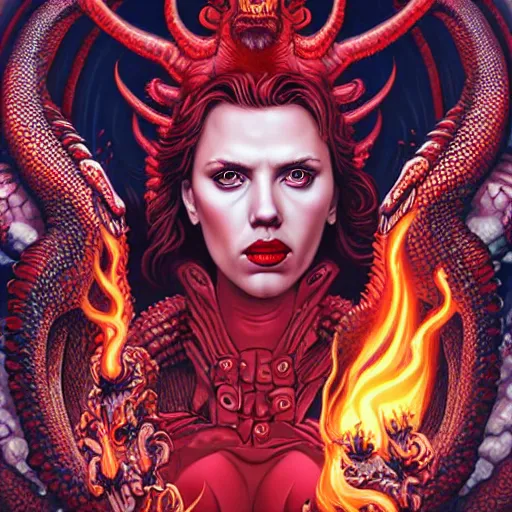 Image similar to demonic hell doom portrait of scarlett johansson as queen of hell, fire and flame, big long hell serpent dragon octopus, Pixar style, by Tristan Eaton Stanley Artgerm and Tom Bagshaw.