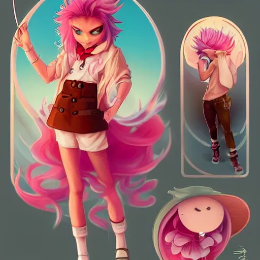 Image similar to Lofi Pokemon original character with wild rose-colored hair, Pixar style, by Tristan Eaton Stanley Artgerm and Tom Bagshaw.