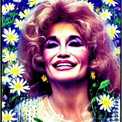 Image similar to young Dolly Parton surrounded by daisies, 70s poster design, retro, groovy, hippie