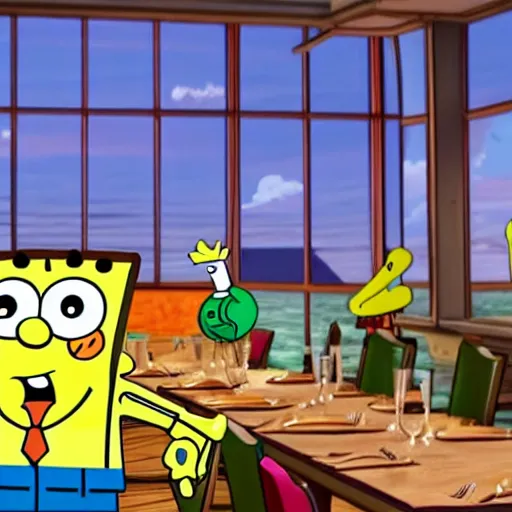 Prompt: Spongebob Squarepants in a fine dining restaurant