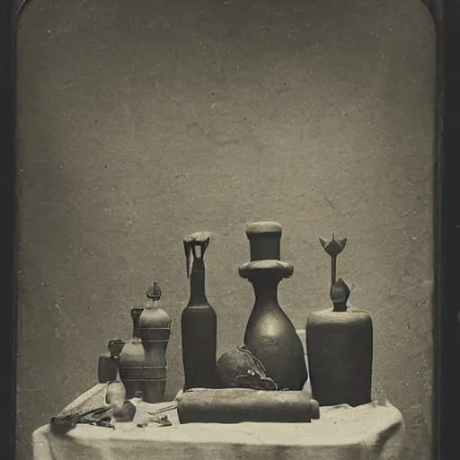 Image similar to Tintype photograph of objects displayed in an ethnographic museum, primitive display, anthropology of wonder, in the style of Marcel Duchamp, found objects, ready-made, 1920s studio lighting.