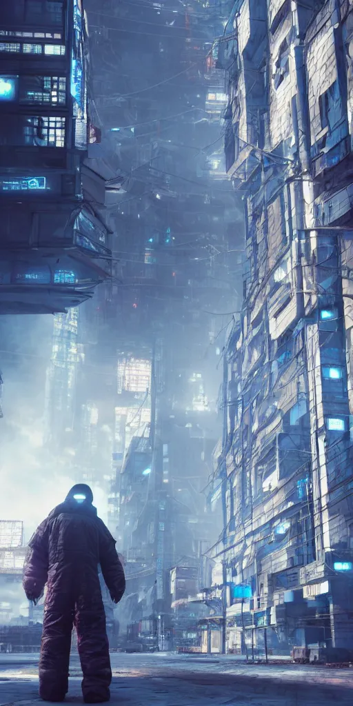 Prompt: a cyberpunk under-dweller in a Russian Moon city called New Norilsk, Koji Morimoto, rendered in unreal engine 3D, octane render, volumetric lighting, anti aliasing, clean linework