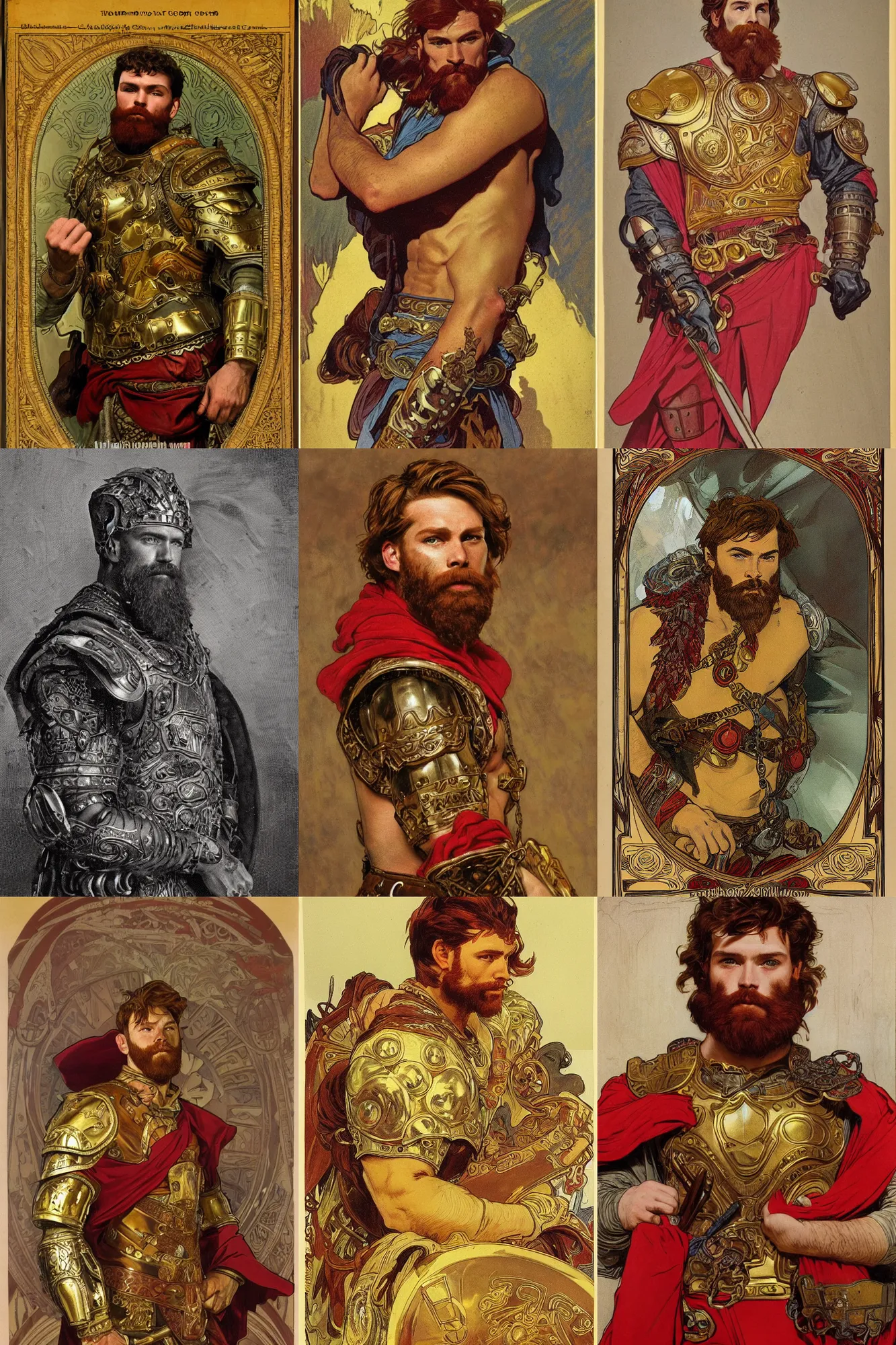 Prompt: portrait of a rugged young man, thick red beard, big muscles, intricate gold armour. red cape. cinematic lighting, highly detailed, full body shot. Many scars. In the style of Alphonso Mucha