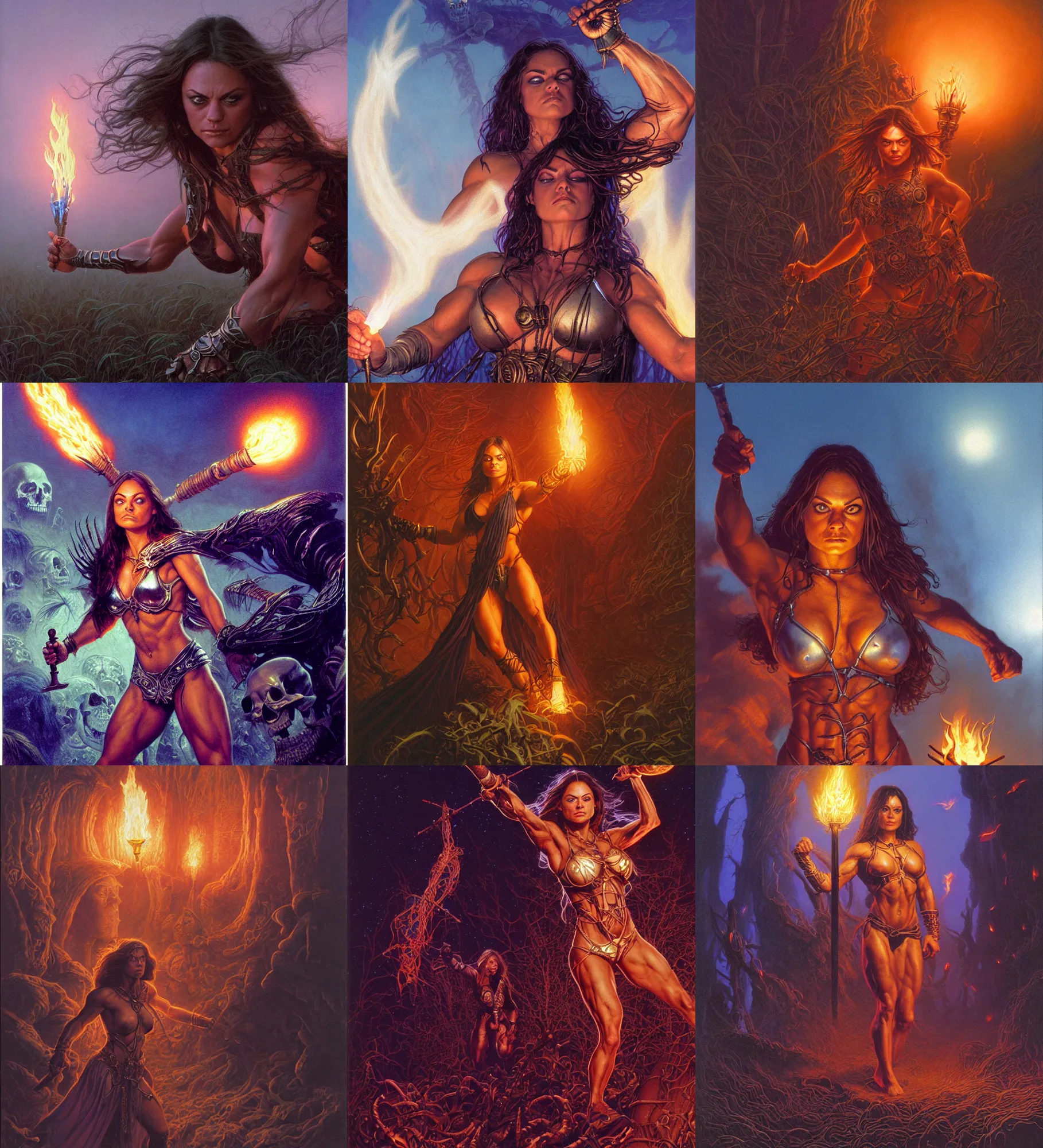 Prompt: priestess sorceress mila kunis bodybuilder action close - up portrait, approaching skeletons, fog, fireflies, torch light, donato giancola, tim hildebrandt, wayne barlow, bruce pennington, larry elmore