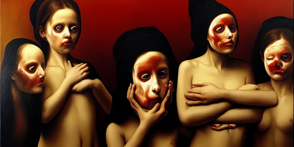 Image similar to the three fates pain pleasure suffering adventure love abstract oil painting by gottfried helnwein pablo amaringo