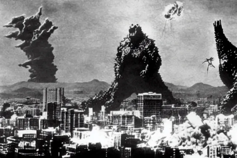 Image similar to a filmstill of Kim Jong-il and a Starro Kaiju monster destroying Pyongyang, in Godzilla (1954) by Ishirō Honda, traditional Korean city, palace, epic ultrawide shot, cinémascope