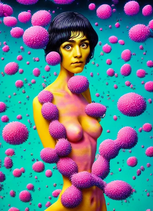 Prompt: hyper detailed 3d render like a Oil painting - Ramona Flowers with wavy black hair wearing thick mascara seen Eating of the Strangling network of colorful yellowcake and aerochrome and milky Fruit and Her staring intensely delicate Hands hold of gossamer polyp blossoms bring iridescent fungal flowers whose spores black the foolish stars by Jacek Yerka, kawaii ,Mariusz Lewandowski, cute silly face, Houdini algorithmic generative render, Abstract brush strokes, Masterpiece, Edward Hopper and James Gilleard, Zdzislaw Beksinski, Mark Ryden, Wolfgang Lettl, Dan Hiller, hints of Yayoi Kasuma, octane render, 8k