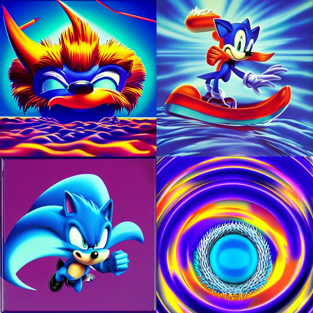 Prompt: surreal, sharp, detailed professional, high quality airbrush art MGMT album cover of a blue cresting ocean sonic the hedgehog, purple checkerboard background, 1990s 1992 Sega Genesis box art