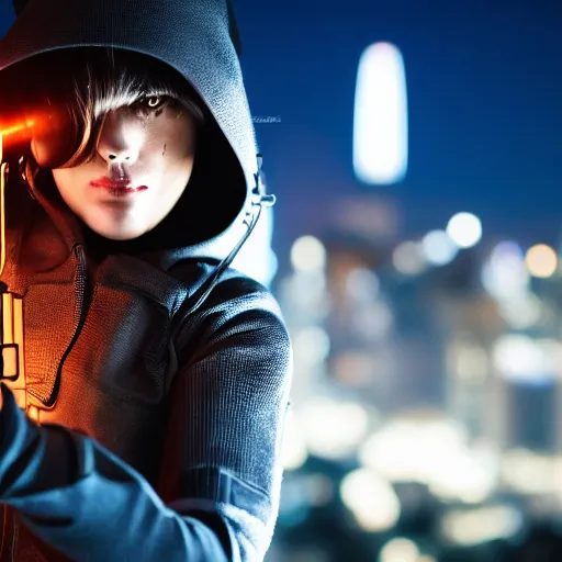 Image similar to photographic portrait of a techwear woman holding a shotgun, closeup, on the rooftop of a futuristic city at night, sigma 85mm f/1.4, 4k, depth of field, high resolution, 4k, 8k, hd, full color