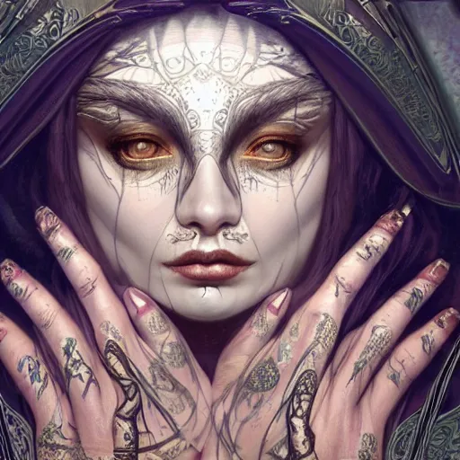 Image similar to portrait painting of a beautiful moon goddess, wearing a dark hooded robe, sacred tattoos on her face, smirking, holding a giant astral scyther, ultra realistic, concept art, intricate details, mystical, highly detailed, photorealistic, octane render, 8 k, unreal engine. art by artgerm and greg rutkowski and alphonse mucha