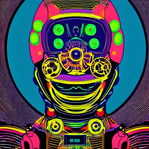 Image similar to hyperdetailed portrait of a spaced out steampunk robot head, 8 k, symetrical, flourescent, halluzinogenic, meditative, multicolored vector art, black background