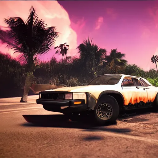 Prompt: wide shot epic car on fire post apocalyptic adrenaline anger oil black tar landscape wasteland miami desert fire craters natural disasters miami beach sunset fucked up palm trees landscape on fire 80s retrowave unreal engine fallout style far cry