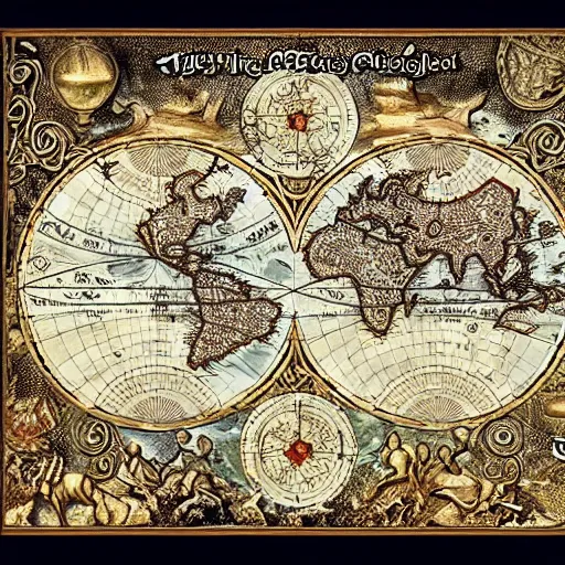 Image similar to ancient fantasy world map, antique intricate design, filigree finish, highly detailed