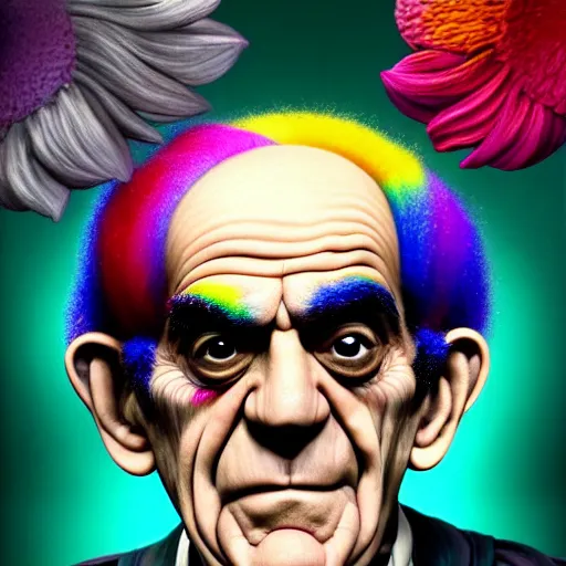 Prompt: abe vigoda looking at the camera, she has rainbow hair and a beautiful unconventional face, there is an explosion of flowers in the background, elegant, highly detailed, digital painting, artstation, realism, concept art, pop, smooth, mythological, sharp focus, qualia, illustration, art by mark ryden 3 d 8 k ultra detailed