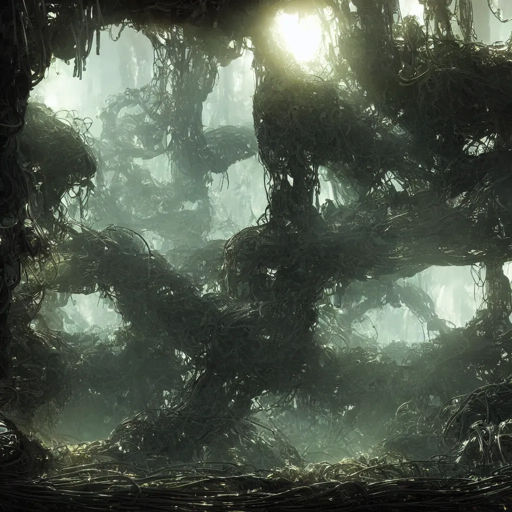 Prompt: the remnants of a broken alien supercomputer covered in thick wires in a mystical grove, futuristic ruins, god rays, warm natural lighting, beautiful atmosphere, artstation, cinematic concept art