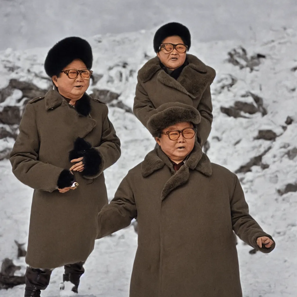 Prompt: filmstill of Kim Jong-il wearing a furry chapka and playing the role of Omar Sharif in Doctor Zhivago by David Lean, 1965, cinemascope, Eastman Color Negative 50T 5251 Neg. Film, epic romance