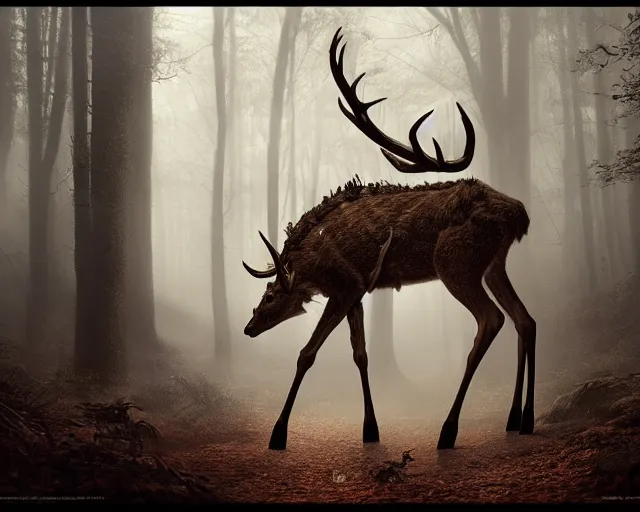 Image similar to 5 5 mm portrait photo of an armored demonic deer with antlers, in a magical forest looking at the camera. dark atmosphere. art by greg rutkowski. highly detailed 8 k. intricate. lifelike. soft light. nikon d 8 5 0.