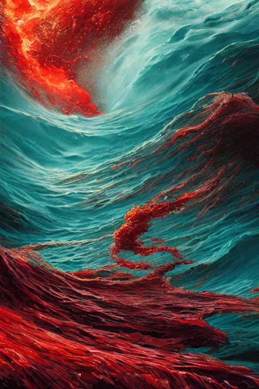 Image similar to Turbulent ocean of blood with canvas that catches liquid fire, intricate ruby, Stephen Bliss, Greg Rutkowski, Loish, Rhads, ferdinand knab, Makoto Shinkai rossdraws, concept art, art nouveau, Reylia Slaby, Peter Gric, Tom Bagshaw, global illumination, volumetric lighting, CGsociety, blood, radiant light, detailed and intricate environment