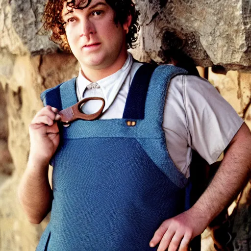 Image similar to close up headshot of a frowning clean shaven pudgy British lad with short curly dark brown hair as a hobbit wearing a white men's crossbody sling chest bag and blue vest, blue vest!! white crossbody chestbag!! high resolution film still, by Bruce Weber