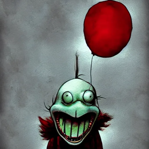 Image similar to grunge painting of bug bunny with a wide smile and a red balloon by tim burton, loony toons style, pennywise style, corpse bride style, rick and morty style, creepy lighting, horror theme, detailed, elegant, intricate, conceptual, volumetric light