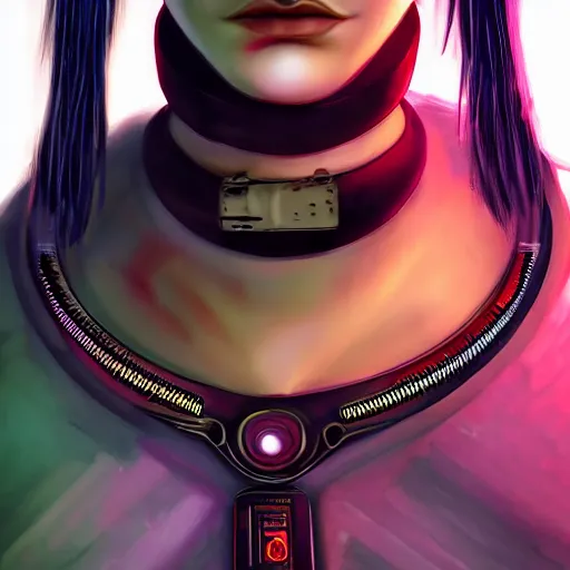 Image similar to detailed realistic female character cyberpunk wearing thick technological collar around neck, realistic, art, beautiful, 4K, collar, choker, collar around neck, punk, artstation, detailed, female, woman, choker, cyberpunk, neon, punk, collar, choker, collar around neck, thick collar, tight around neck, punk,