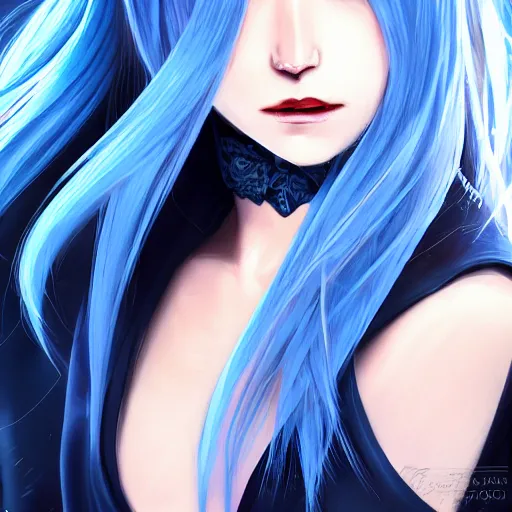 Image similar to full face shot of rimuru tempest, sky blue straight hair, long bangs, with amber eyes, wearing a fancy black jacket, high collar, beautiful, ultra detailed, brush strokes, digital painting, cinematic, wlop artstation, closeup, pixiv, intense, intimidating glare, photorealistic, overpowering, rossdraws, andy warhol,