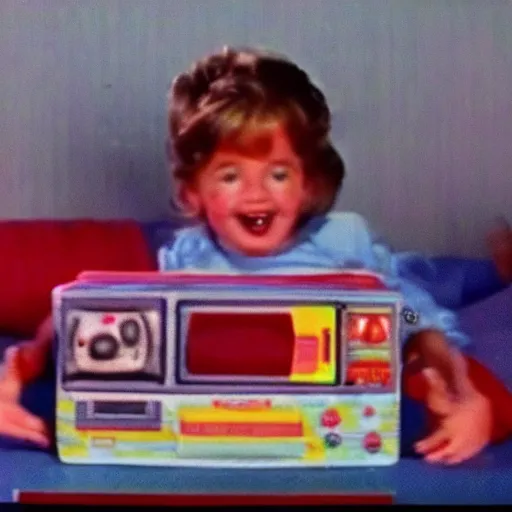 Image similar to vhs footage of an 8 0 s toy commercial of a super creepy toy