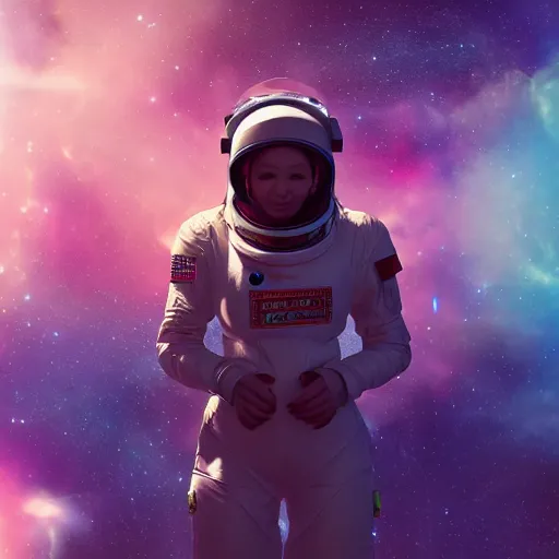 Image similar to a feminine woman in a spacesuit flying through space with galaxies in the back, epic lighting, digital art, vector art, trending on artstation, highly detailed, octane render