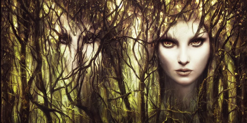 Image similar to Mavka, the mythological spirit of the forest, hiding behind trees in the dark, glowing eyes, oil painting, dramatic lighting, smooth, sharp focus, extremely detailed, exquisite
