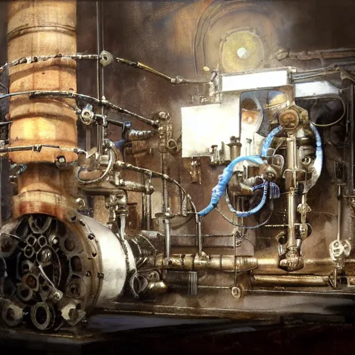 Prompt: A random pointless contraption ((steampunk)) industrial appliance pneumatic machine with no apparent purpose, being operated by a scholarly looking man with a clear directed gaze, artwork by Craig Mullins