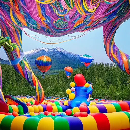 Image similar to inflatable landscape with forest, river and mountains in the middle of the frame colossal balloon statue surrounded by colorful ribbons and party confetti , concept art, huge scale, high detail, sci fi by James Jean