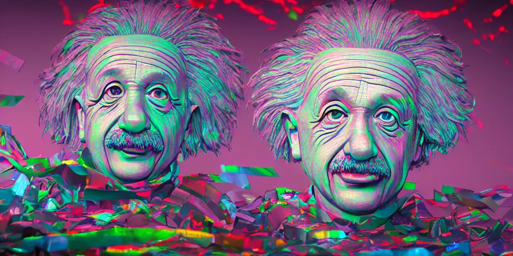 Prompt: Albert Einstein made out of crumpled colored foil strips, 3D cinematic lighting, spotlight at a 90 DEGREE ANGLE, photorealism, octane render, depth of field, 8k, 35mm, artgem, Trending on artstation