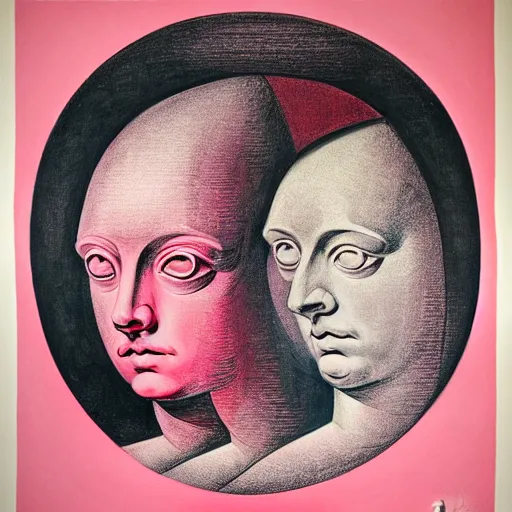 Image similar to pink and red lithography on paper conceptual figurative ( post - morden ) monumental dynamic portrait drawn by ( ( ( william blake ) ) ) and goya and hogarth, inspired by escher, illusion surreal art, highly conceptual figurative art, intricate detailed illustration, controversial poster art, polish poster art, geometrical drawings, no blur