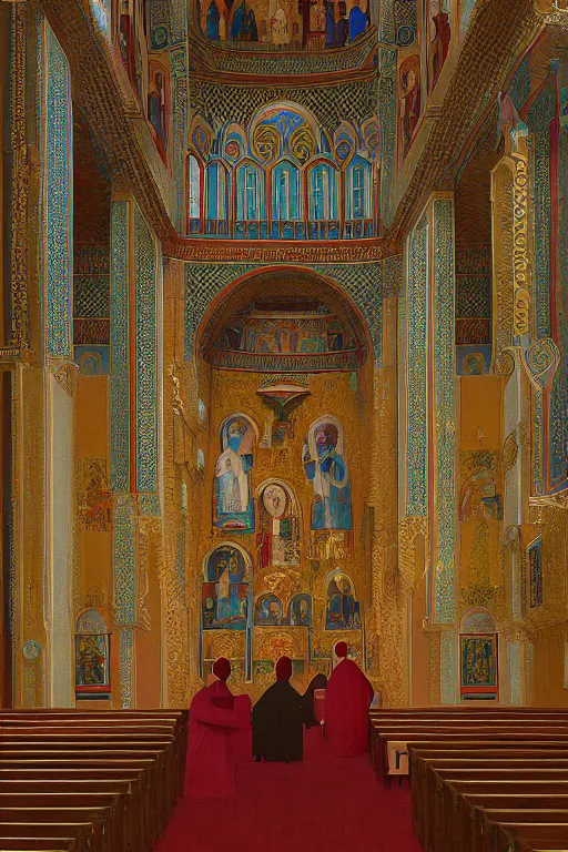 Image similar to scene from wes anderson orthodox cathedral building by helen lundeberg