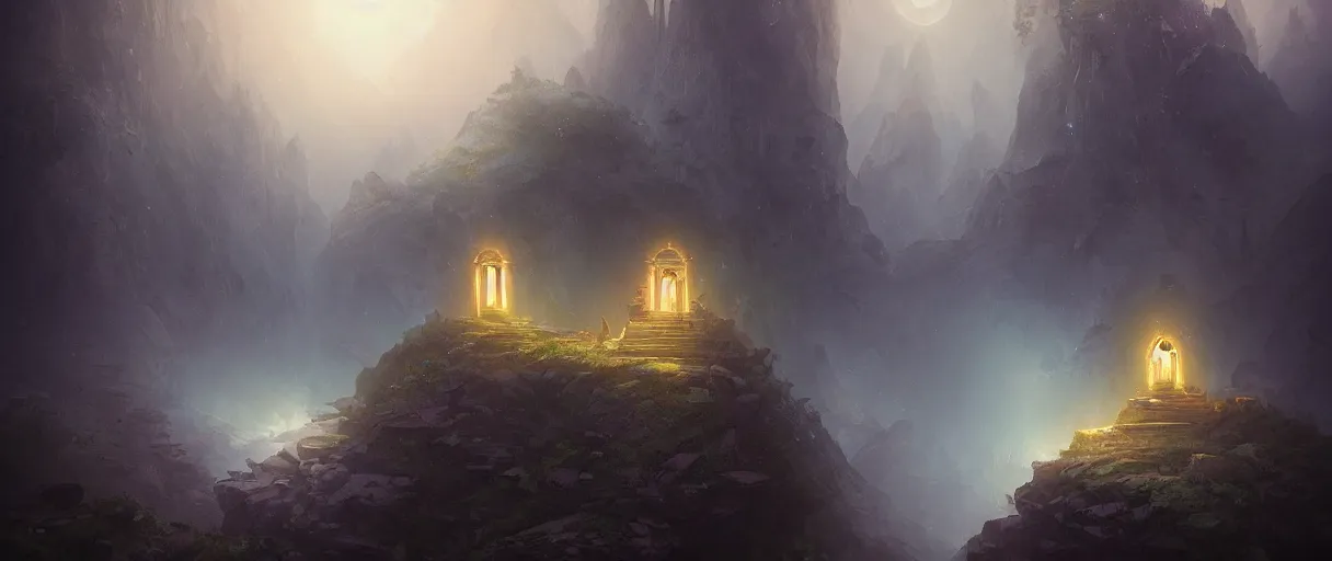 Prompt: broken temple on a foggy cliff side under a starlit sky, matte painting, fantasy, dark fantasy, style of jordan grimmer, digital painting, trending on artstation, high detail, volumetric lighting, godrays