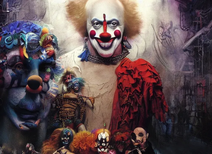 Prompt: wild underground carnival scene from a 7 0's movie by chris cunningham, kenneth anger and alejandro jodorowsky : : clowns, courtesans, animals : : ultra realistic, concept art, highly detailed by greg rutkowski, craig mullins, simon bisley 4 k