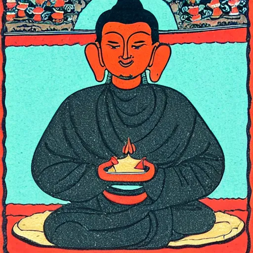 Prompt: the buddha eating a slice of pizza