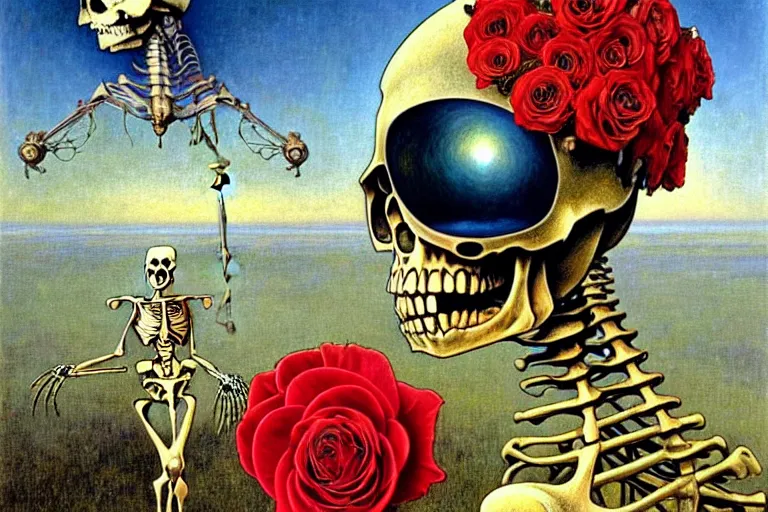 Image similar to realistic detailed portrait painting of a skeleton with a single rose wearing sci-fi helmet in a dystopian landscape by Jean Delville, Amano, Yves Tanguy, Alphonse Mucha, Ernst Haeckel, Edward Robert Hughes, Roger Dean, rich moody colours, blue eyes