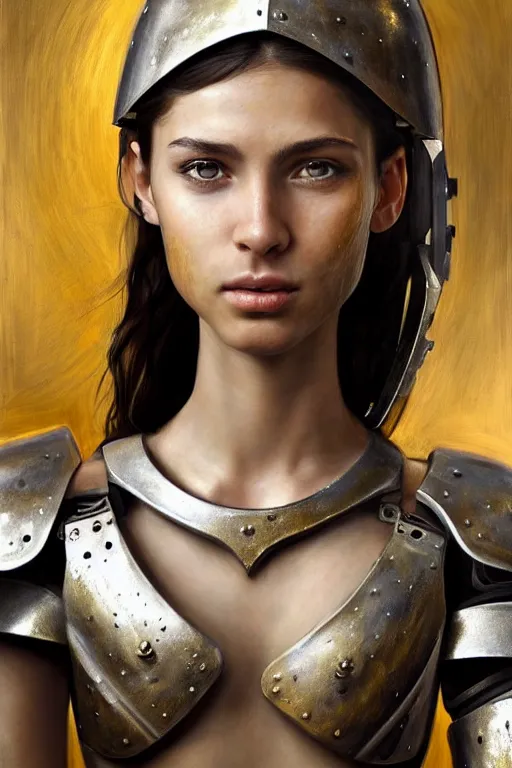 Image similar to a photorealistically painted portrait of an attractive young girl, partially clothed in metal-plated battle armor, with an abstractly painted background, flawless olive skin, fair complexion, long dark hair, beautiful bone structure, perfectly symmetric facial features, perfect photorealistic eyes, natural physique, intricate, elegant, digital painting, concept art, finely detailed, beautifully illustrated, sharp focus, minimal artifacts, volumetric lighting, from DOOM and Halo, by Ruan Jia and Mandy Jurgens and Artgerm and William-Adolphe Bouguerea, in the style of Greg Rutkowski, trending on Artstation, award winning art